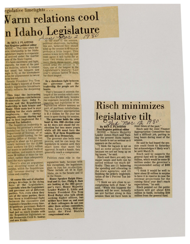 A newspaper article detailing the souring relations between the governor and republican leadership. They are fighting over public employee salaries and local options, as well as implementation of the 1% initiative.