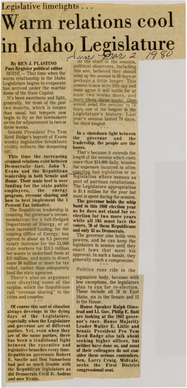 A newspaper article detailing the souring relations between the governor and republican leadership. They are fighting over public employee salaries and local options, as well as implementation of the 1% initiative.