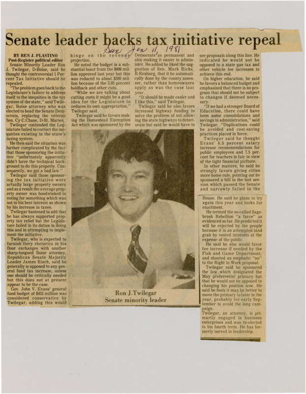 A newspaper article detailing Sen. Ron J. Twilegars belief that the 1% initiative should be repealed. Twilegar says that average property owner was duped by large property owners and that the homestead act is a better tool for tax relief. Image labeled "Ron J. Twilegar, Senate minority leader."