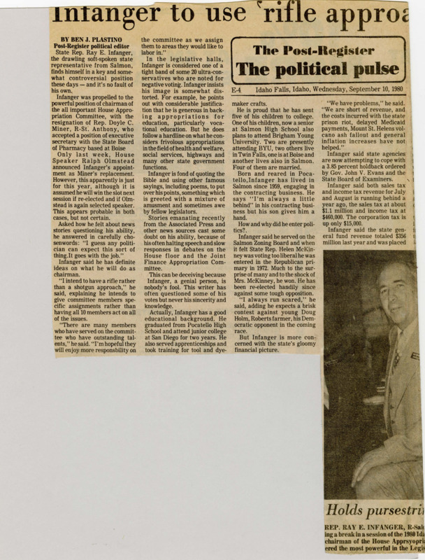 A newspaper article detailing the rise of Rep. Ray Infanger to chairman of the state appropriation committee. He discusses his plans for management of the committee instead of having the entire committee deal with all the issues presented he wants to assign specific members to specific assignments. Infanger says he supports appropriations for education especially vocational education but dislikes health and welfare allocations. Image labeled "Holds pursestrings."
