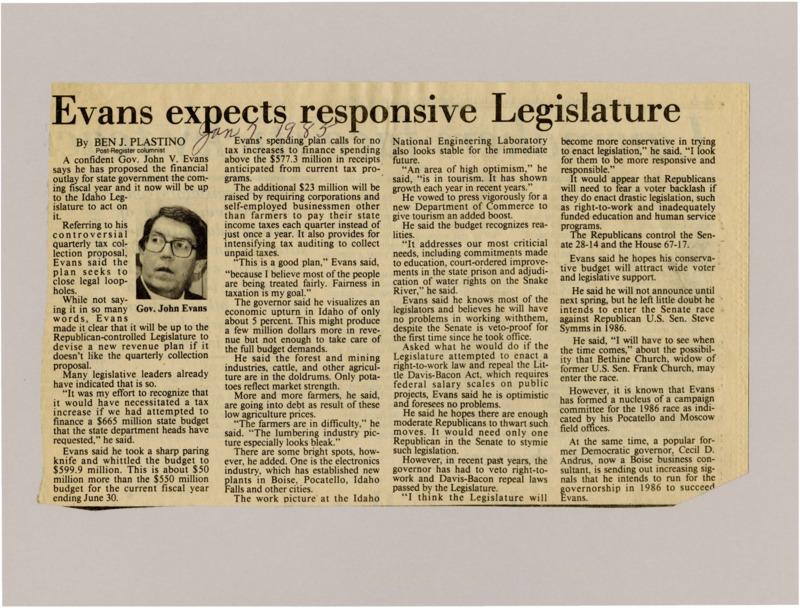 A newspaper article Image labeled "Gov. John Evans."