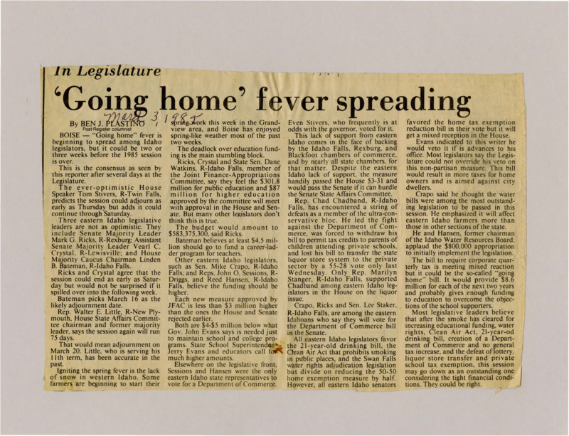 A newspaper article discussing the length of the 1985 Idaho legislative session. Several members such as Walter E. Little give their opinions on when they think the session will end. Key issues that still need resolved include school funding, the Department of Commerce Bill, water rights, the Clean Air Act, and a 21 year old drinking bill.