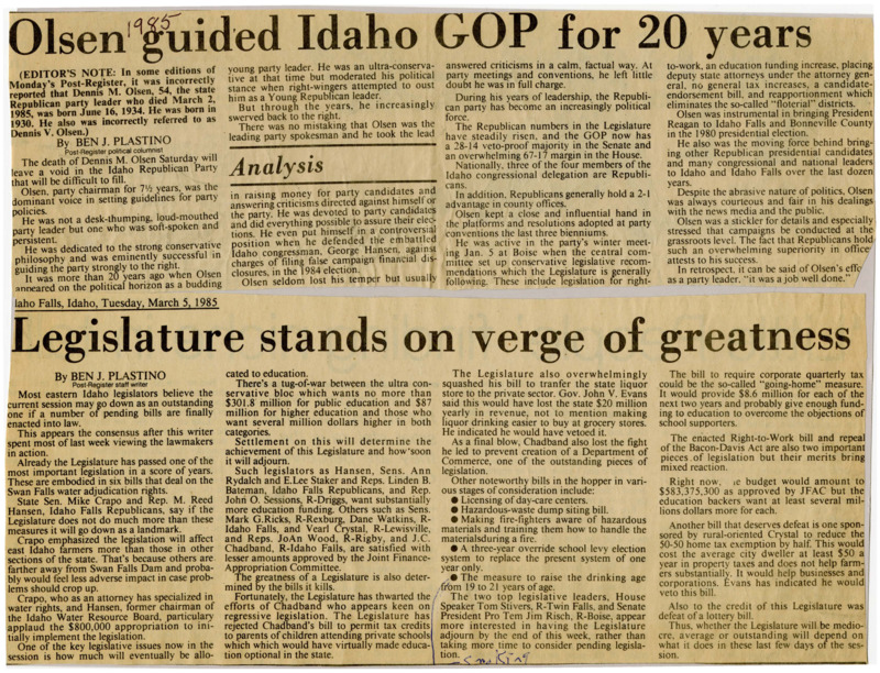 A newspaper article memorializing party chairman Dennis M. Olsen shortly after his death. The current success of Republicans in the Senate and House is greatly contributed to Olsen. Particularly noteworthy was Olsen's support of George V. Hansen when Hansen was facing possible fraud charges. Olsen is further commended for being "courteous and fair."