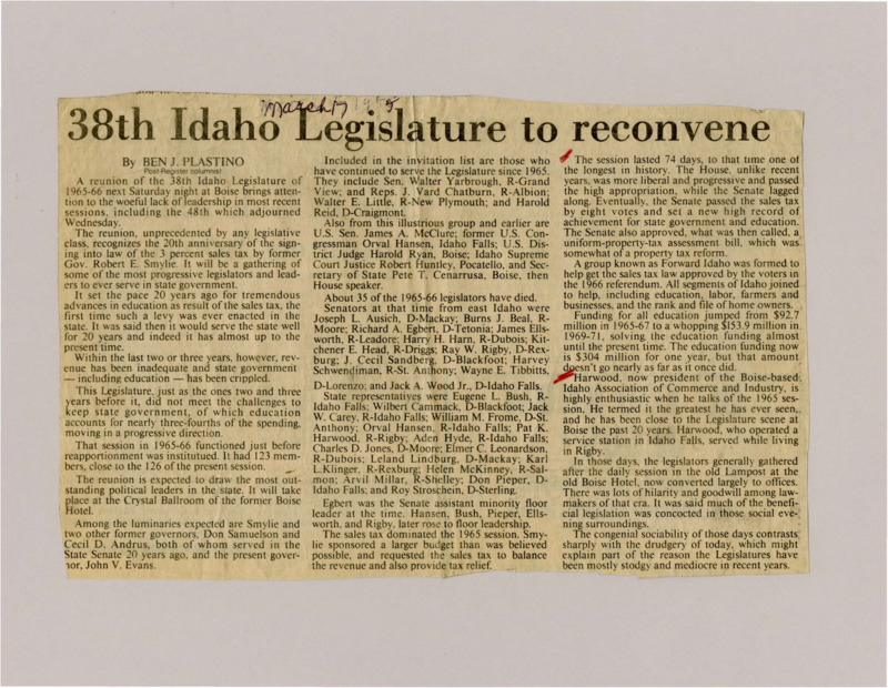 A newspaper article discussing the reunion of the Idaho 1965-66 Legislature for its 20th anniversary. Several key figures and past governors are expected to attend. The 65-66 Legislature was important for passing the 3% sales tax. The article praises the 65-66 Legislature and criticizes the most recent Legislature for a lack of strong leadership and funding decisions.