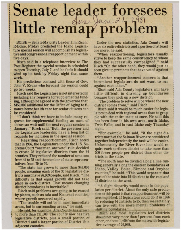 A newspaper article detailing Sen. James Risch's predictions that reapportionment won't be easy. He discusses how the growth was concentrated in Ada and Kootenai county most likely shifting congressional districts to account for the new population. Risch also discusses budget goals.