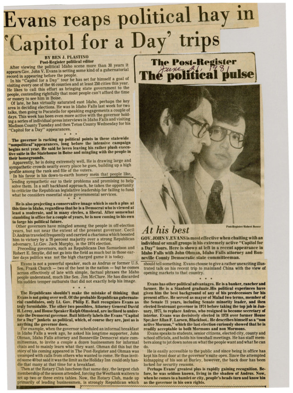 A newspaper article detailing Governor Evans trip across the state. Plastino comments on the formidable political image Evans is creating for himself that many Republican gubernatorial candidates don't recognize. Image labeled " At his best."