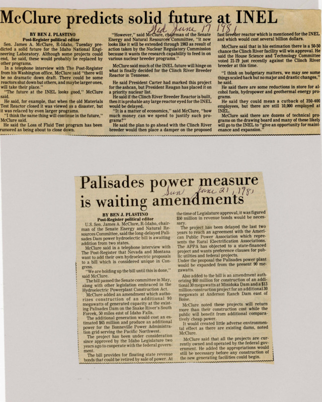 A newspaper article detailing a bill to add more generators to the Palisades Dam. The bill is in limbo until amendments from other states are added for their hydroelectric dams.