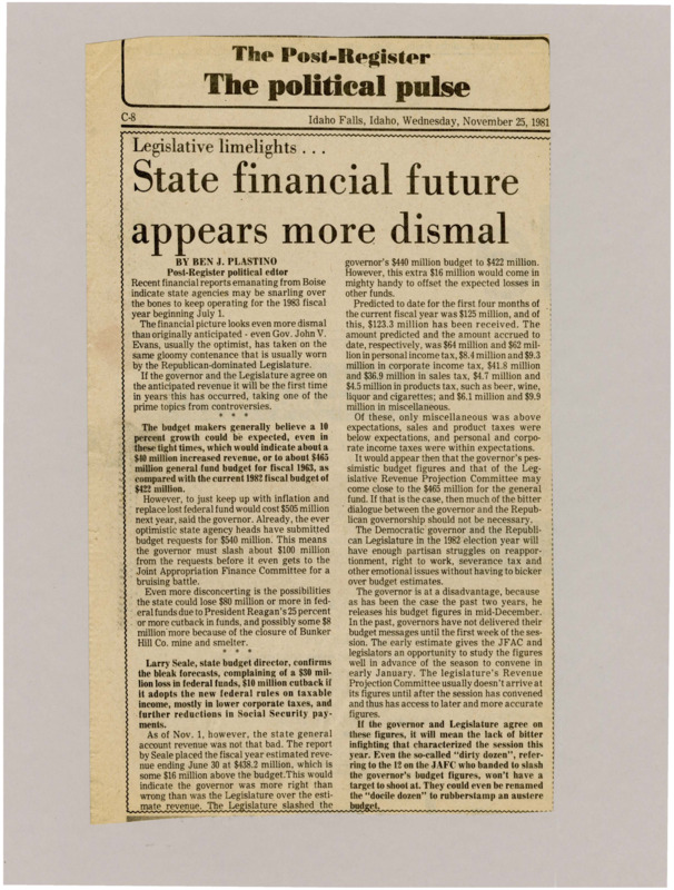 A newspaper article detailing the extremely bare budget outlook for the 1983 fiscal year. The federal benefit and tax cuts are mainly to blame for the budget situation, Plastino makes light of the situation making fun of the JFAC's penny pinching nature being outdone.