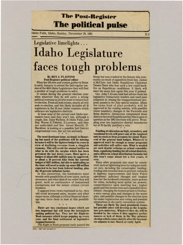 A newspaper article detailing the myriad of budget problems the legislature will be facing in the 1982 session, discussing the 1983 fiscal budget. Plastino describes it as one of the tightest budgets in years and will surely cause some hard conversations pertaining to the budget.
