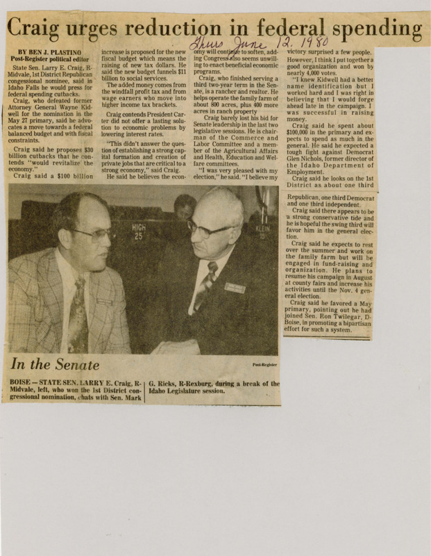 A newspaper article detailing Sen. Larry Craig's promises on the campaign trail. Craig documents some of the economic policy he wants to pass if he was elected. Image labeled "In the Senate."