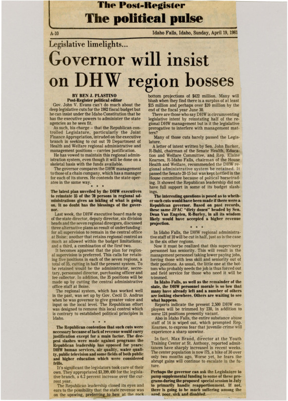 A newspaper article detailing the fight between Governor Evans and the Republican legislature about the cutting of Department of health and welfare management staff. The DHW has rehired nearly half of the management originally cut by the legislature under Governor Evans bare bones management program.