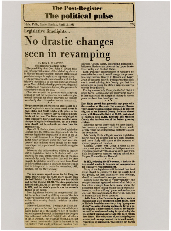 A newspaper article detailing Idaho's population growth since the 1970 census with massive increases in the Boise area. Governor Evans because of this is weighing when to call the special session for either summer when he wants or the winter when the legislative wants.