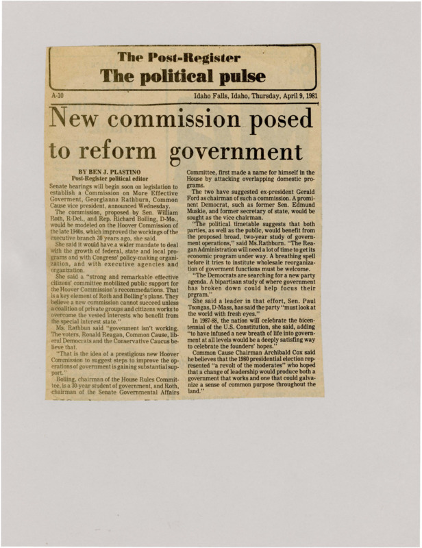 A newspaper article on the establishment of a commission for more effective government. The organizers of this commission based it off the Hoover Commission which helped improve the operations of the executive branch. They hope to improve efficiency within the Reagan and state administrations.
