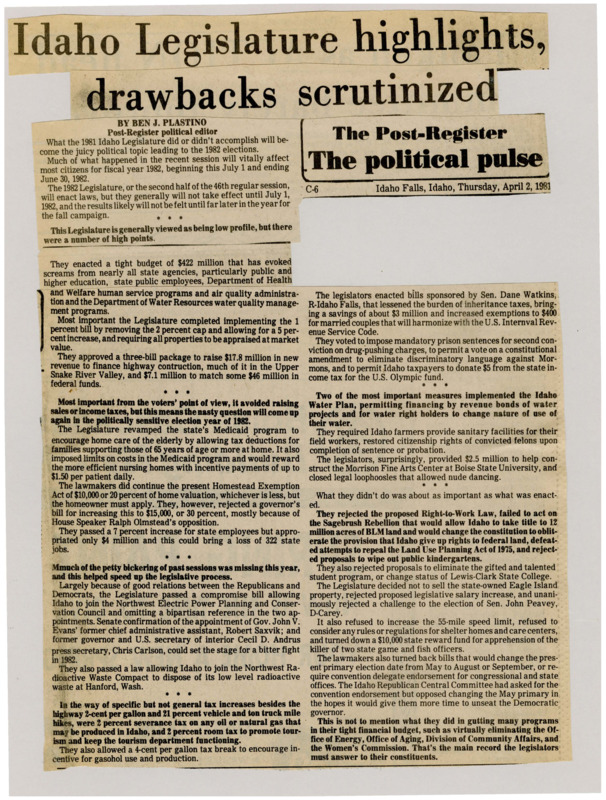 A newspaper article discussing all the failings of the 1981 legislature, which succeeded in passing several human services cuts, failed in providing tax relief legislation, failed to pass right to work, failed to pass sagebrush rebellion legislation.
