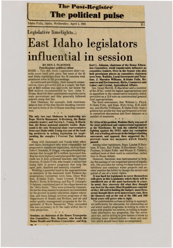 A newspaper article detailing how even in a poor legislative year eastern Idaho legislators stuck to their principles and passed policy with as much adherence to what their constituents wanted. Several legislators had their hand in building good policy with increased funding for highways and cutting the budget.