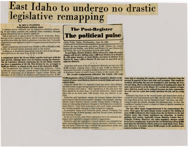 A newspaper article detailing the required legislative district changes around the state. East Idaho however grew in tandem with the average Idaho population and will require relatively few changes. Explosive growth in the Boise basin and Kootenai county could constitute a complete redraw.