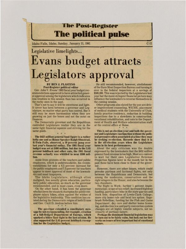 A newspaper article detailing the legislatures support of Governor Evans 1982 fiscal proposal with compromises on public and teacher salary increases. Plastino warns that the dominant legislation may be calm but emotional legislation such as right to work and the 1% initiative.