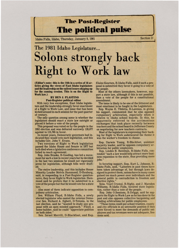 A newspaper article detailing the widespread support of Right to Work among East Idaho legislators.