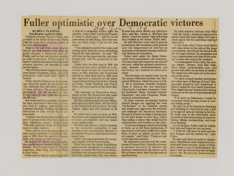 A newspaper article discussing head of the Idaho Democratic party Wayne Fuller. Fuller reassured democrats that they hold a significant amount of the electorate and that worst defeats have happened before in the 1950s and they came back.