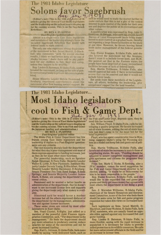 A newspaper article detailing the views of East Idahoan legislators on the sagebrush rebellion. Most legislators agreed with the proposal but with caveats, several legislators expressed their fears that public recreation land would be sold and gated off.