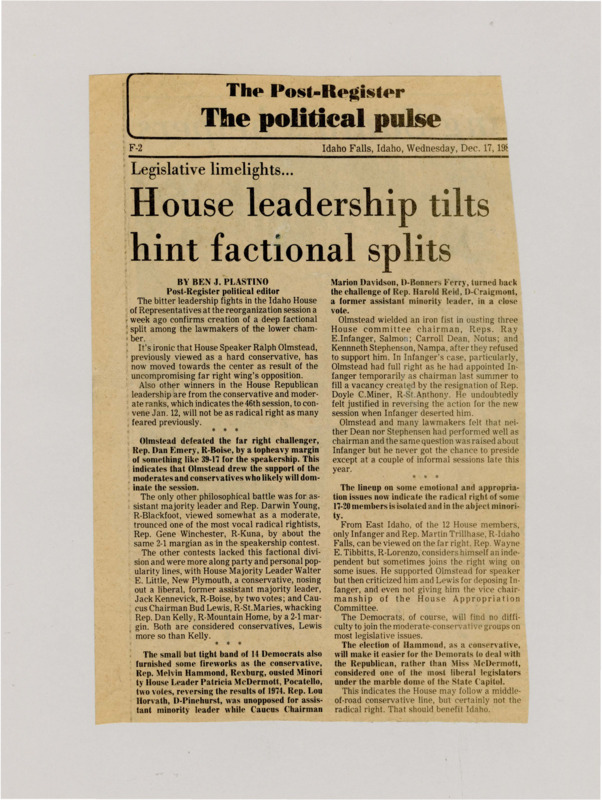 A newspaper article detailing factional splits in the Republican party as several senators moved center as a result of the far rights uncompromising bid for control of the chamber. Olmstead once considered far right now moderate candidate kept his speaker seat and immediately demoted several far right committee chairman as punishment.