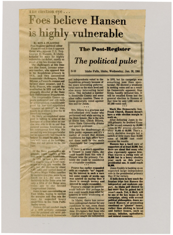 A newspaper article detailing several of the candidates looking to oust Rep. George Hansen. Plastino says that with his supporters and his opposition number about the same making the Iran trip a very salient issue for the election, which most likely hurt Hansen's campaign.