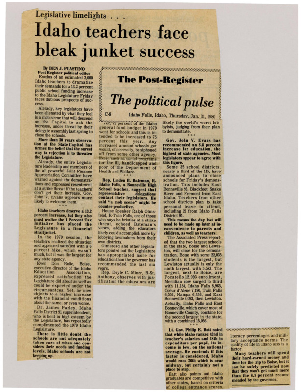 A newspaper article detailing 2,000 teachers strike to request a 13.2% raise. Plastino highlights that perceived threats or force to the Idaho legislature backfire historically. Governor Evans has recommended a 8.8% increase to ease tensions.