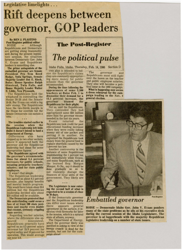 A newspaper article detailing the fighting between Governor Evans and the Republican leadership. Image labeled "Embattled governor."