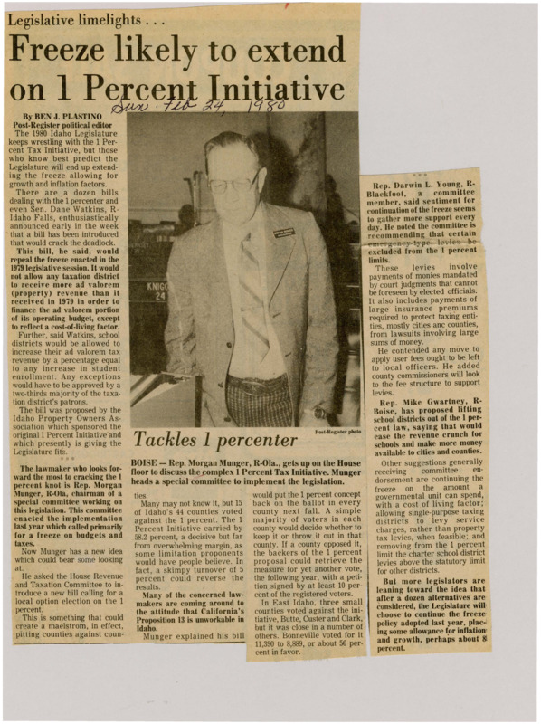 A newspaper article detailing the support for continuing the 1% initiative tax freeze from the 1979 session. Image labeled "Tackles 1 percenter."