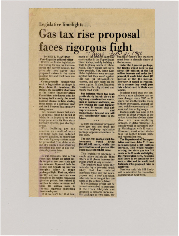A newspaper article detailing Rep. John Sessions gas tax proposal in the legislature. The tax is getting bogged down as the legislature is hashing out the 1% initiative.
