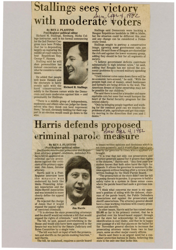 A newspaper article discussing Richard M. Stallings' strategy for getting voters. Stallings is trying to appeal to independents and moderates versus George V. Hansen who appeals to Republicans. He calls for spending cuts but not ones or ones significant enough to hamper important programs such as social security. Image labeled "Richard H. Stallings."