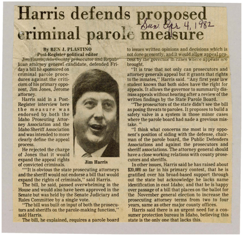 A newspaper article discussing attorney general candidate, Jim Harris' defense of a proposed criminal parole measure. Harris explains that the bill does not expand the rights of criminals but instead creates a 'safety valve' in the parole system. Image labeled "Jim Harris."