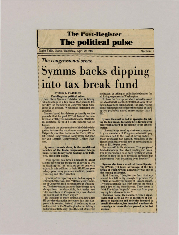 A newspaper article detailing Steve Symms, the wealthiest member of the Idaho congressional delegation, full utilization and defense of his use of a congress tax break.