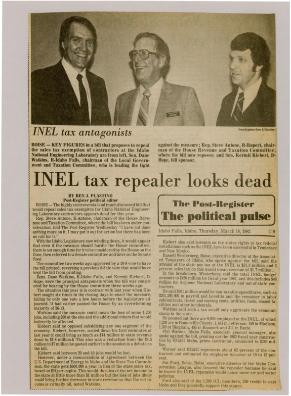 A newspaper article discussing a bill proposed to repeal the sales tax exemption of contractors at INEL. There's also analysis on job loss vs increase in state income. Image labeled "INEL tax antagonists."