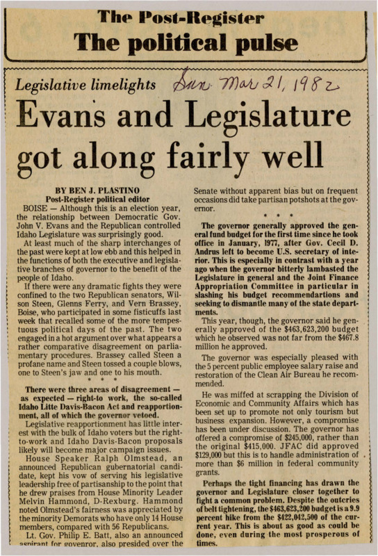 A newspaper article detailing the relationship between John V. Evans the Idaho legislature and the general budget for the year. The relationship is mostly cordial and is aiding in the governmental duties. Points of disagreement were largely; right to work, Idaho Little-Davis Bacon Act, and reapportionment. Evans generally approved of the general budget.