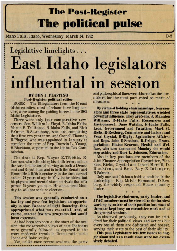 A newspaper article documenting the powerful committees and positions East Idaho legislators hold.