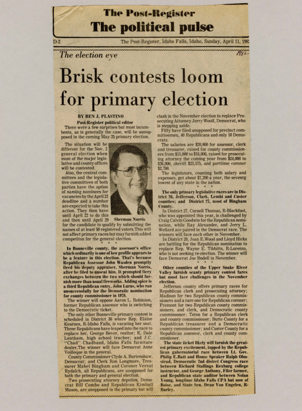A newspaper article detailing the primary season before the 1982 midterms. The article notes that the majority of incumbents are not facing primary challenges and barring some local races the most anticipated primary is the gubernatorial between Batts and Olmstead. Image labeled "Sherman Norris."