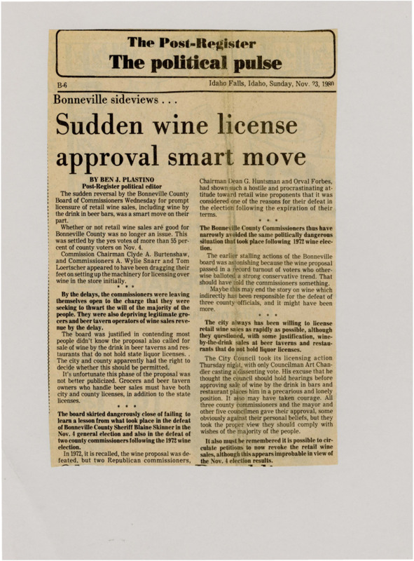 A newspaper article talking about the sudden approval of wine sales at beer taverns and restaurants that do not hold liquor licenses. It is discussed how this decision was likely due to upcoming municipal elections.