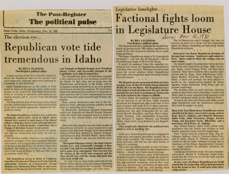 A newspaper article detailing the large Republican sweep for Idaho offices. Details how Republicans hold margins of 23-12 in the Legislator and 56-14 in the House and how the East Idaho legislation delegates increased to five Republican state senators and eleven state representatives from four and ten respectively.