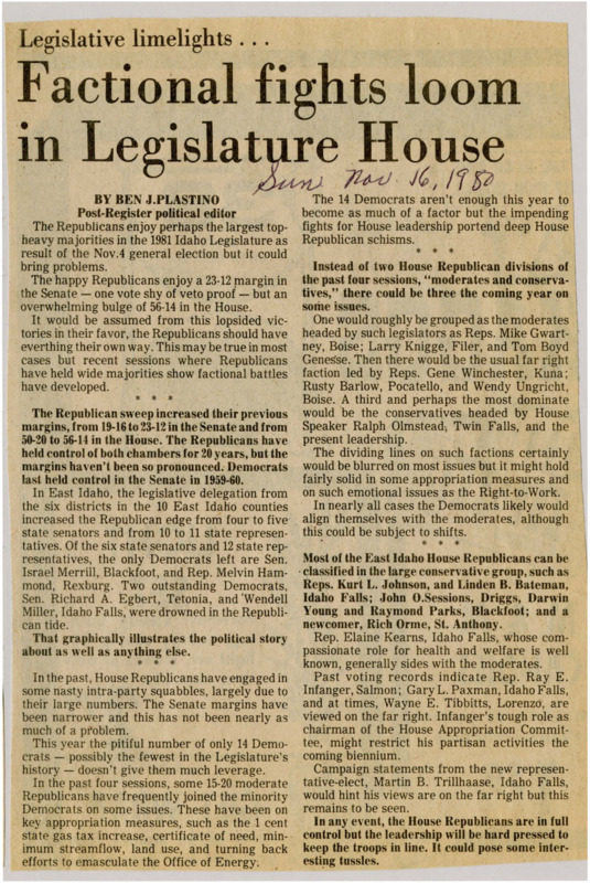 A newspaper article detailing squabbles and factional battles between Republicans in the largely Republican controlled House and Legislator. It is deemed that there may be three dominant groups within- conservatives, moderates, and democrats. Key issues predicted to be squabbled upon include health and welfare decisions, one cent state gas price increase, certificate of need, minimum steamflow, land use, and Office of Energy efforts.
