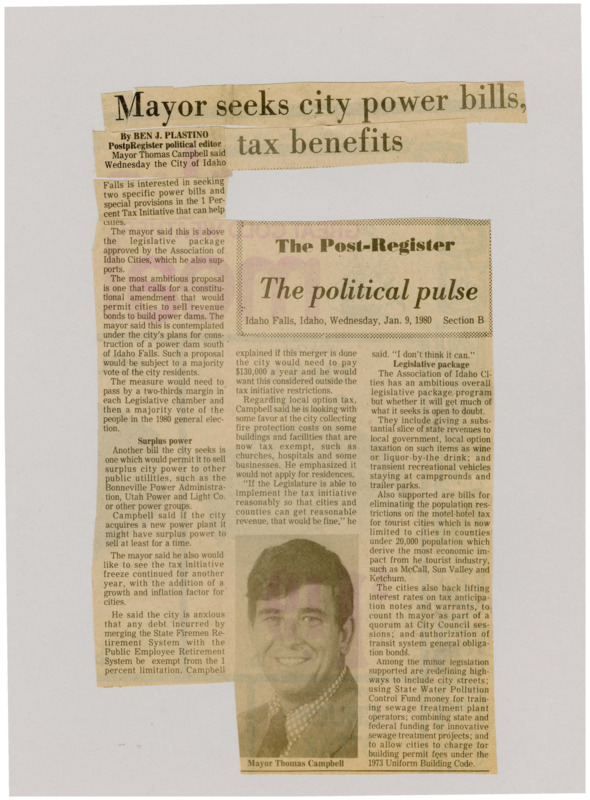 A newspaper article detailing several of the policy requests the Mayor of Idaho Falls made, with two major energy related proposals that would allow cities to sell revenue bonds to pay for the construction of power plants and the ability to sell power to local authorities. He also discusses other topics related tourism, and taxation. Image labeled "Mayor Thomas Campbell."