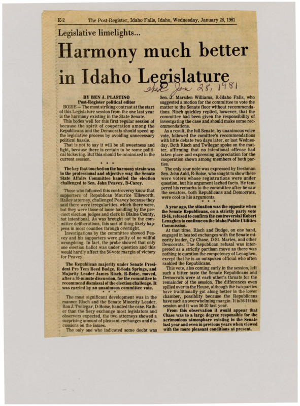 A newspaper article detailing the legislatures harmony, with legislators rarely engaging in blatant partisan battles. The author finds the previous sessions democratic minority leader as one of the main points of anger in the chamber.