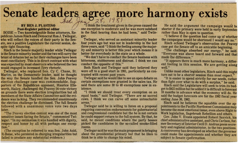 A newspaper article detailing that the Idaho senate leaders agree with Plastino that the senate atmosphere has improved tremendously.