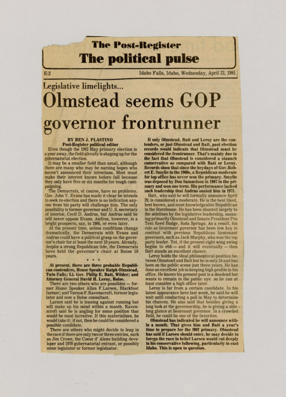 A newspaper article predicting that House Speaker Ralph Olmstead will win the GOP gubernatorial primary. The article analyzes the history of previous Idaho governor elections and believes Olmsteads staunch conservatism will secure him the victory.