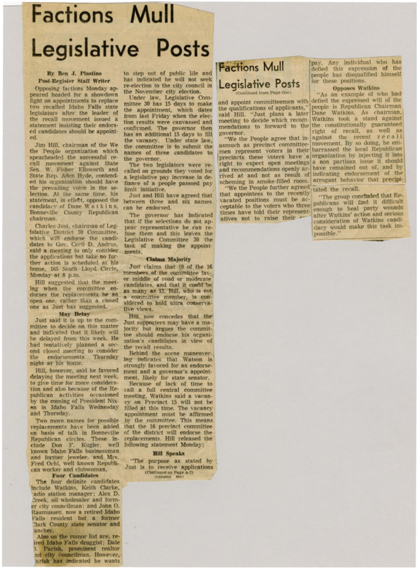 A newspaper article detailing the factions of the Republican party advocating for their candidates in the appointment of the recalled legislators. The organizers of the recall do not approve of the favorite to win Dane Watkins.