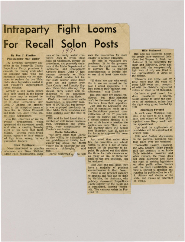 A newspaper article detailing the aftermath of a recall election that ousted two East Idaho Republicans. There's mentions of the different candidates that could be nominated to be ultimately selected by Governor Andrus to finish the rest of the term. Plastino notes how the moderate Republicans are likely to win appointment.