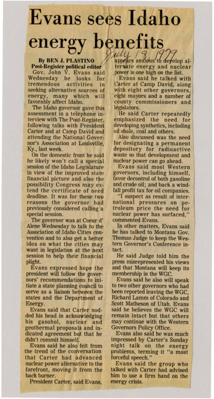A newspaper article detailing Governor Evans meeting with Jimmy Carter to talk about possible solutions to the energy crisis. Evans talked about regulation on the oil and gas industry as well as the utilization of nuclear power.