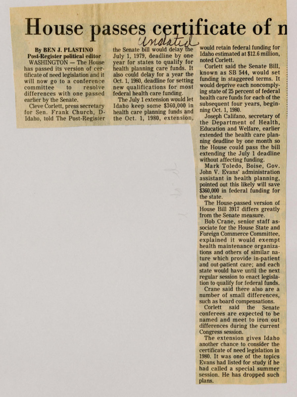 A newspaper article detailing passage of the certificate of need legislation for states to apply for federal funds.