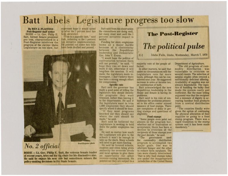 A newspaper article detailing of Lt. Gov Phillip Batts criticism of the legislature. His main criticism was that the speed of the legislature was much too slow and that they should be compromising more on key issues. Batt also discusses food stamps. Image labeled "No. 2 official."