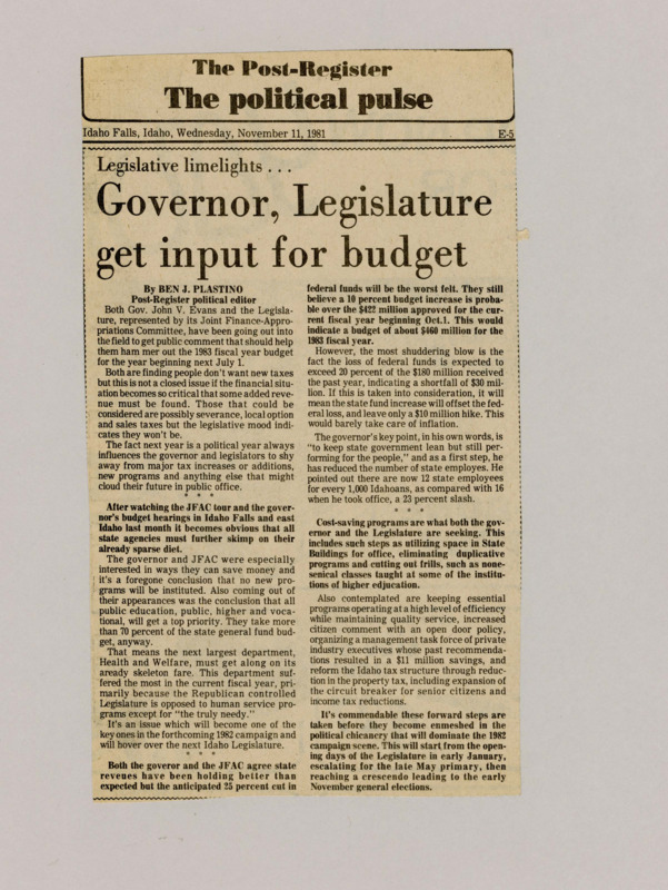A newspaper article detailing Governor Evans and JFAC acting on behalf of the legislature investigating where costs can be saved in the state administration. They do this by touring the state and getting input from the departments themselves and giving advice.